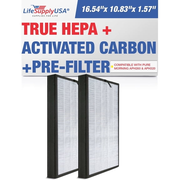 APH260 Filter Replacement Compatible with Pure Morning APH260 & APH320 -3-in-1 H13 True HEPA + Activated Carbon + Pre-Filter by LifeSupplyUSA (2-Pack)
