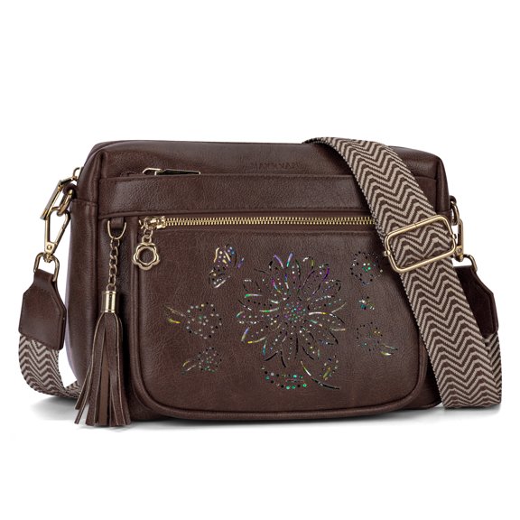 APHISON Crossbody Purse for Women, Rose Embossed Crossbody Phone Handbags with Adjustable Guitar Strap Hollow Everyday Crossbody Holiday Present Outfit Upgrade