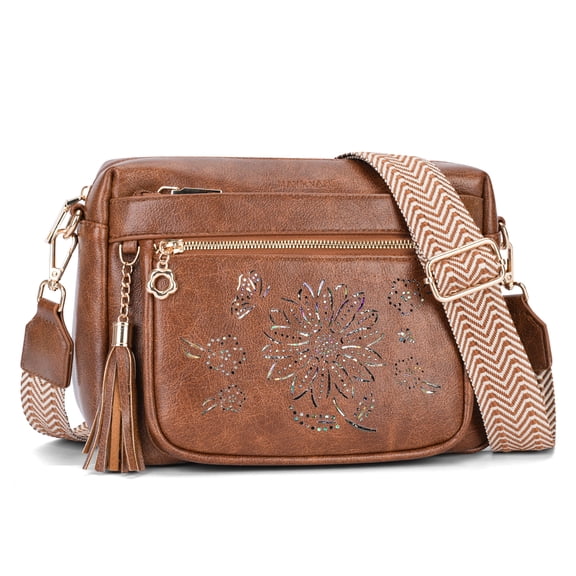 APHISON Crossbody Purse for Women, Rose Embossed Crossbody Phone Handbags with Adjustable Guitar Strap Hollow Everyday Crossbody Holiday Present Outfit Upgrade