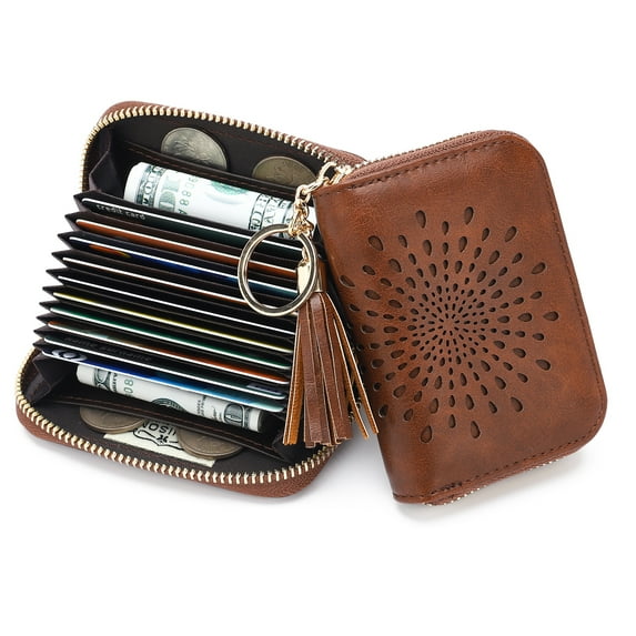 APHISON RFID Credit Card Holder Zipper Card Case Small Wallets for Women Leather Sunflower style - Coffee