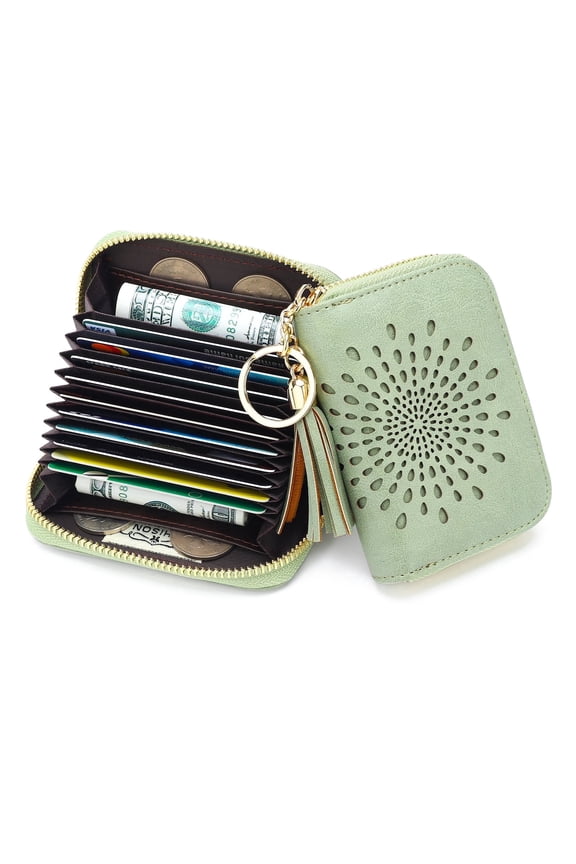 [Mother’s Day Gift Present] APHISON RFID Credit Card Holder Zipper Card Case Small Wallets for Women Leather Sunflower style - Green
