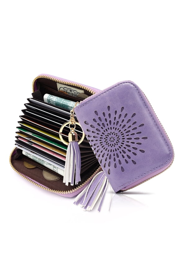 [Mother’s Day Gift Present] APHISON RFID Credit Card Holder Zipper Card Case Small Wallets for Women Leather Sunflower style - Purple