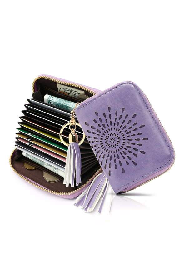 RFID Credit Card Holder Zipper Card Case Small Wallets for Women Leather Sunflower style - Purple