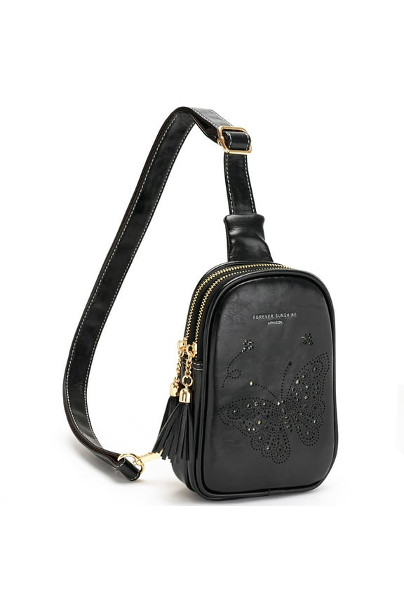 Small Stylish Butterfly Hollow Out Fringe Sling Bag Cross Body Bag Cell Phone Purse - Black