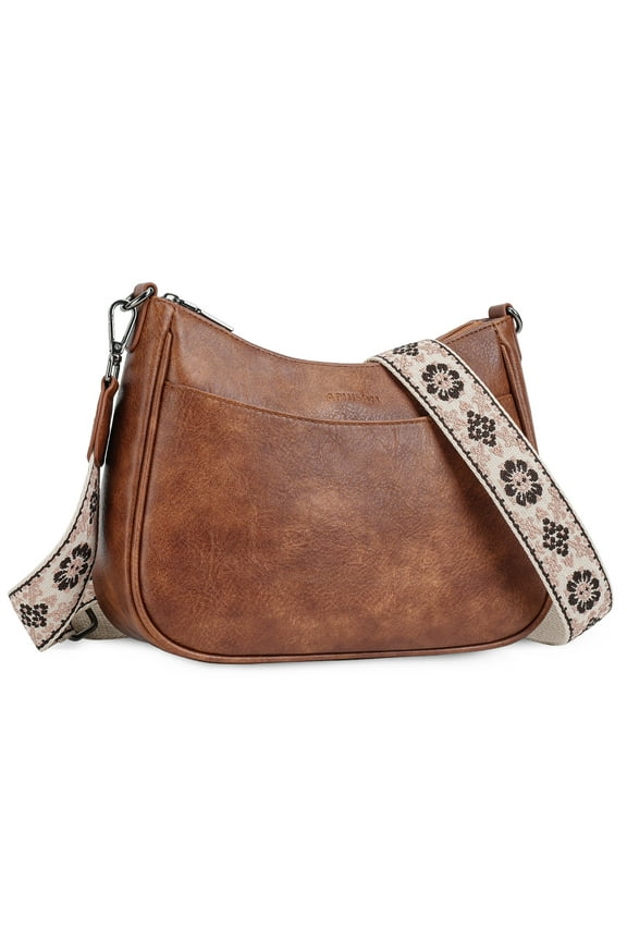 Trendy Women's Crossbody Bag, Vegan Leather Purse with Adjustable Strap and Shoulder Handbag - Brown