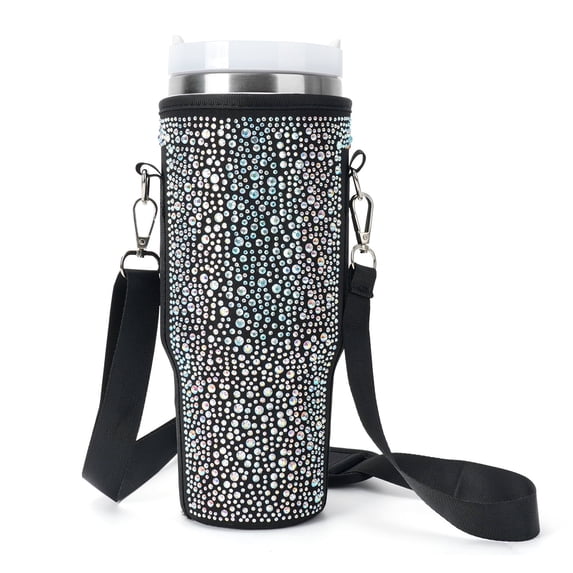 APHISON Water Bottle Carrier, Bling Rhinestone, Adjustable Shoulder Strap, Neoprene Sleeve with 2 Pockets for Hiking and Travel - Black With Pouch