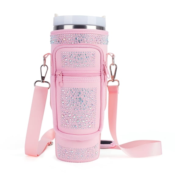 APHISON Water Bottle Carrier, Bling Rhinestone, Adjustable Shoulder Strap, Neoprene Sleeve with 2 Pockets for Hiking and Travel - Pink With Pouch