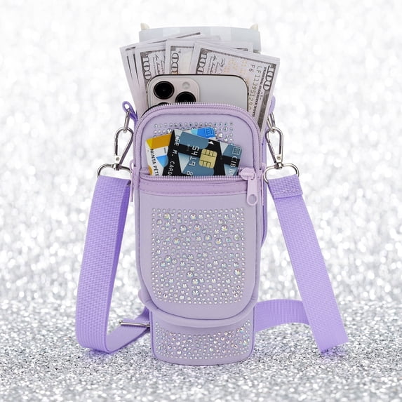 APHISON Water Bottle Carrier, Bling Rhinestone, Adjustable Shoulder Strap, Neoprene Sleeve with 2 Pockets for Hiking and Travel - Purple With Pouch