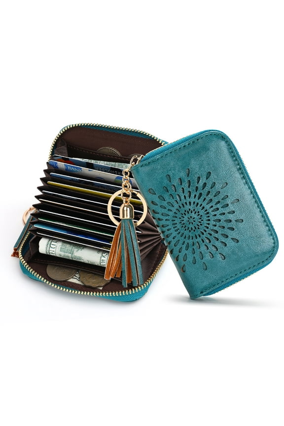 Women's Genuine Leather RFID Blocking Credit Card Holder, Peacock Blue