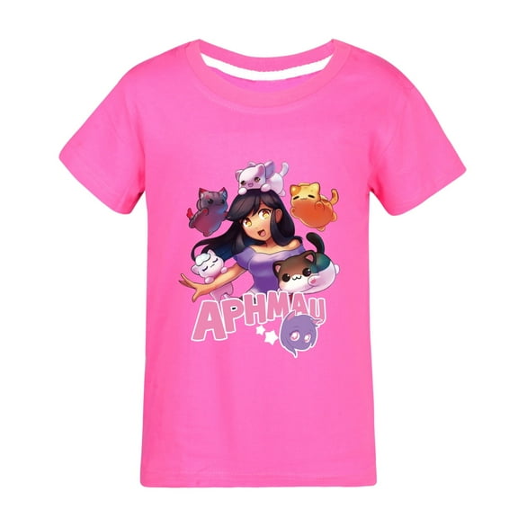 APHMAU girls' T-shirt with cartoon elements for children's movies, TV games, and pure cotton round neck short sleeved shirt, suitable for children aged 5-13