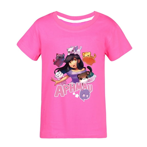 APHMAU girls' T-shirt with cartoon elements for children's movies, TV games, and pure cotton round neck short sleeved shirt, suitable for children aged 5-13