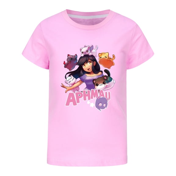 APHMAU girls' T-shirt with cartoon elements for children's movies, TV games, and pure cotton round neck short sleeved shirt, suitable for children aged 5-13