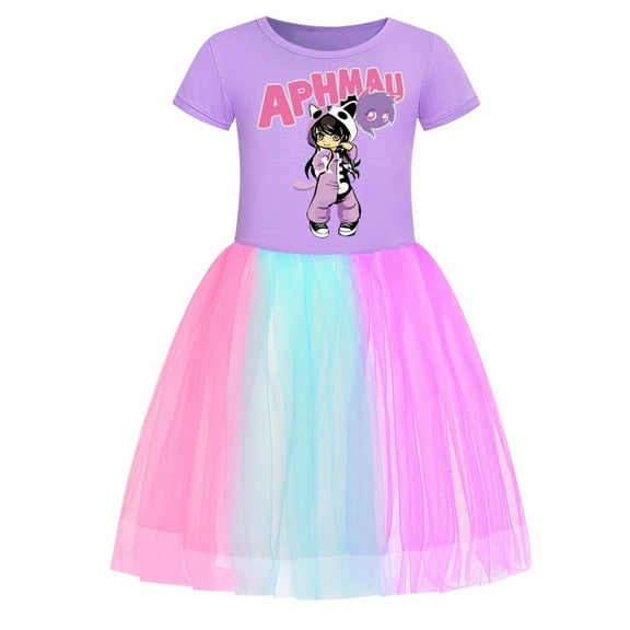 APHMAU girls' dress, children's movie and TV game cartoon round neck pure cotton short sleeved mesh dress, half skirt, suitable for children aged 4-10