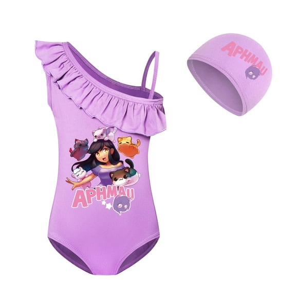 APHMAU girls' one-piece swimsuit, children's movie and TV game cartoon elements, milk silk suspender one-piece swimsuit, bikini swim cap, suitable for children aged 4-12 years old