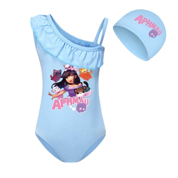 APHMAU girls' one-piece swimsuit, children's movie and TV game cartoon elements, milk silk suspender one-piece swimsuit, bikini swim cap, suitable for children aged 4-12 years old