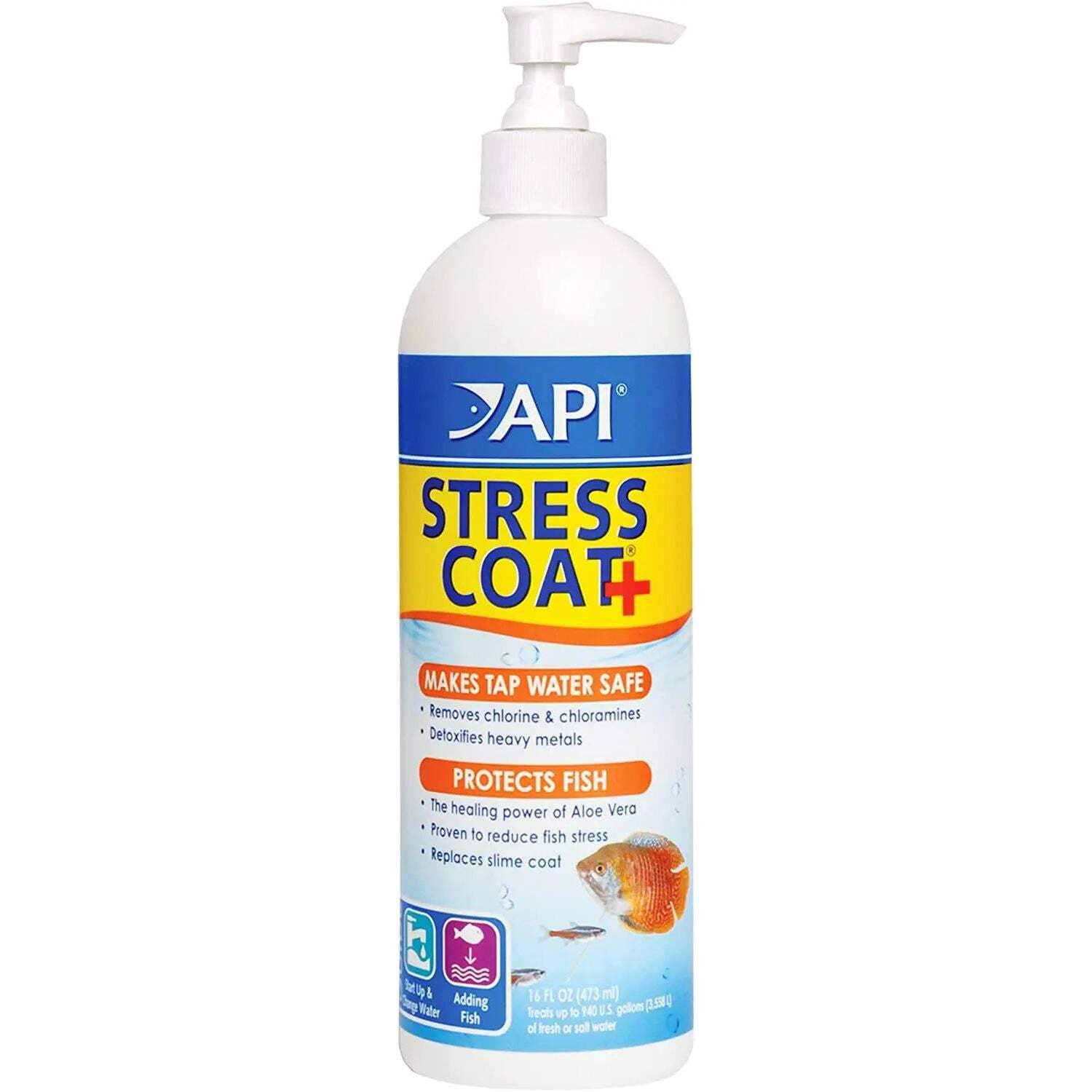API Stress Coat Bottle with Pump Removes Chlorine Treats 960 Gal 16 oz.