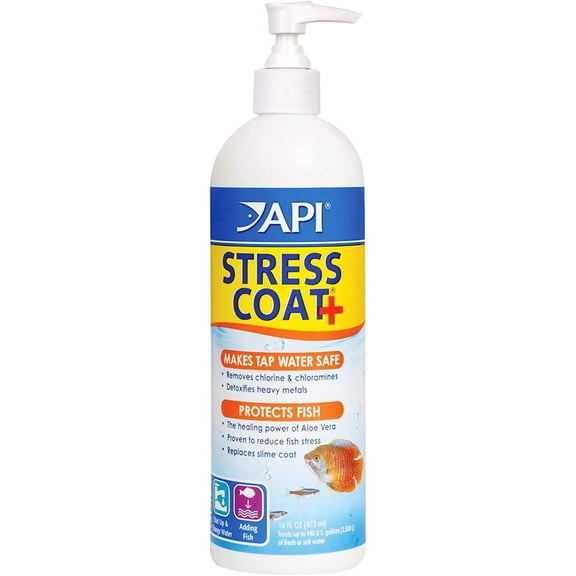 API Stress Coat Water Conditioner & Dechlorinator, 16 fl oz with Pump - Makes Tap Water Safe for Freshwater & Saltwater Aquariums