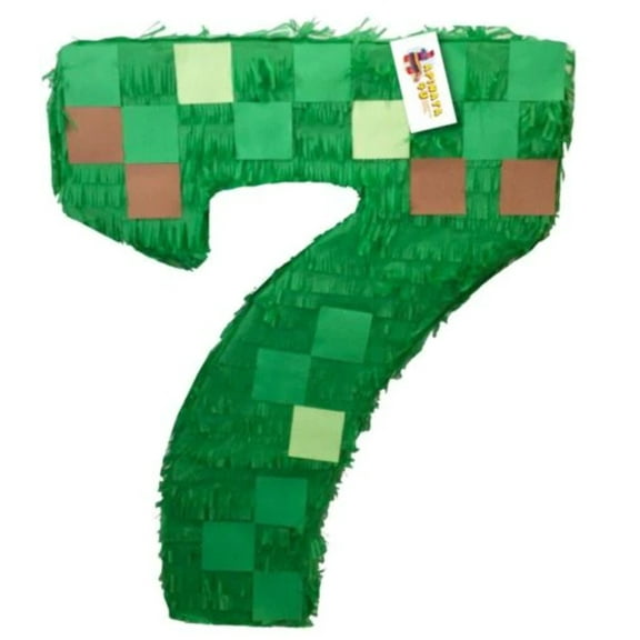 APINATA4U 20'' Tall Number Seven Piata Pixel Theme Green Color for Seventh Birthday