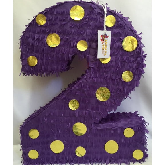 APINATA4U 20'' Tall Purple & Gold Polka Dots Number Two Piata