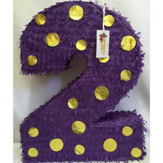 APINATA4U 20'' Tall Purple & Gold Polka Dots Number Two Piñata