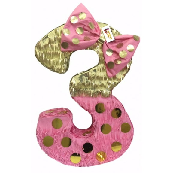 APINATA4U Pink & Gold Number Three Pinata with Bow 20" Tall