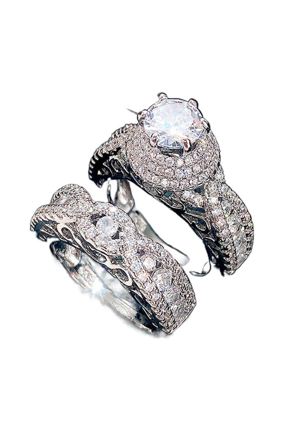 2pcs His and Hers Wedding Ring Sets Couples Engagement Rings Women and Men 925 Sterling Silver AAA Cubic Zirconia Double Layer