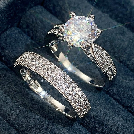 APIPEE 2pcs Wedding Ring Sets Couples Engagement Rings Women and Men 925 Sterling Silver AAA Cubic Zirconias Plain Band Rings