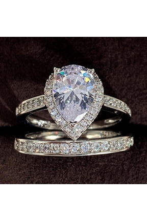 2pcs His and Hers Wedding Ring Sets Couples Engagement Rings Women and Men 925 Sterling Silver 14k Gold Plated Cubic Zirconia Water Drop Combination Rings