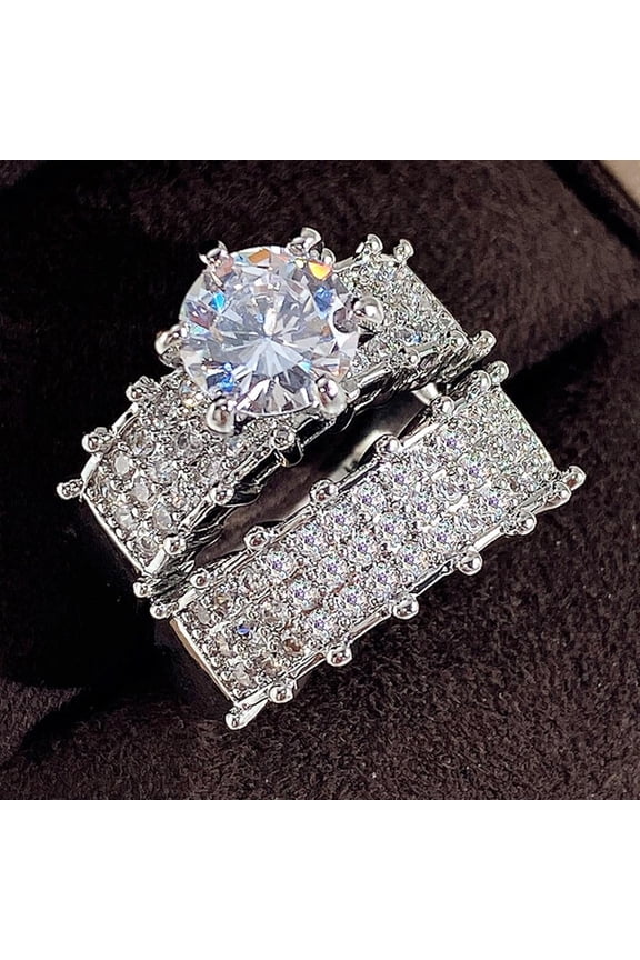 2pcs Wedding Ring Sets Couples Engagement Women and Men 925 Sterling Silver Cubic Zirconia Double Layer Rings