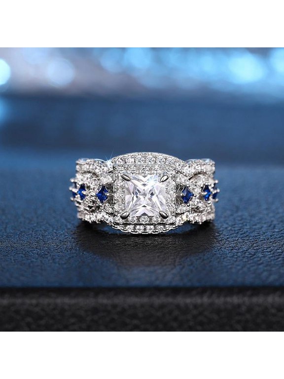 3pcs His and Hers Wedding Ring Sets Couples Engagement Rings Women and Men 925 Sterling Silver AAA Cubic Zirconia Multi-layer Square