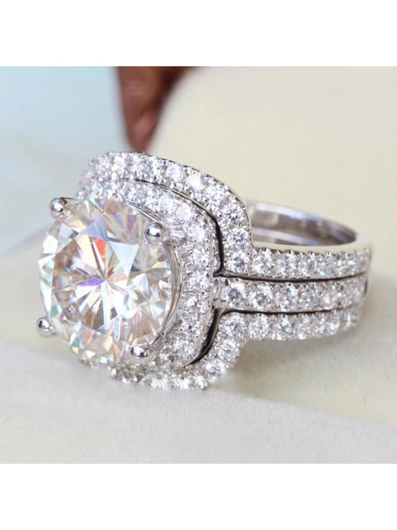 3pcs His and Hers Wedding Ring Sets Couples Engagement Rings Women and Men 925 Sterling Silver AAA Cubic Zirconia Exquisite 14K Gold Plated Combination Ring Set of Three