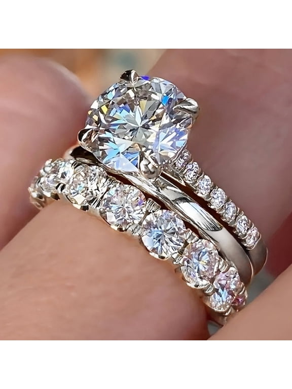 Women's Circle Promise Ring 14K White Gold-Plated with White Cubic Zirconia, Valentine's Day Gift, Size 14, 3-Piece Set, Gift Boxed
