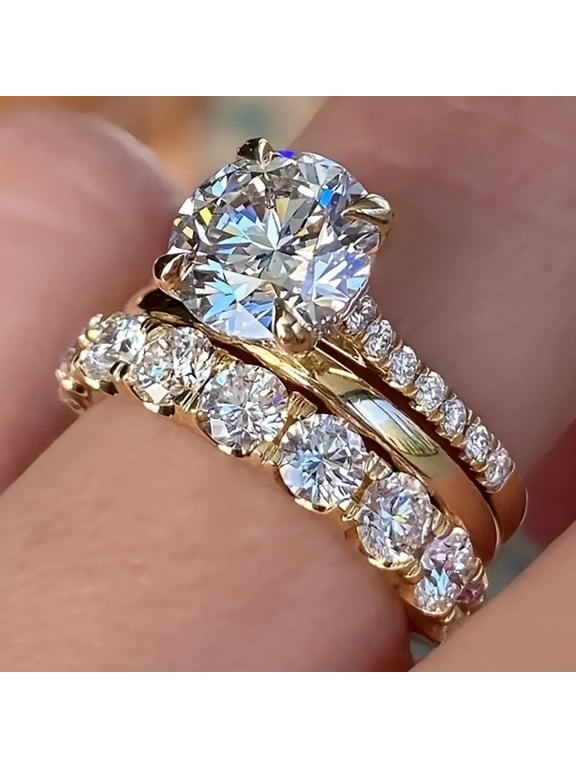 Women's Circle Promise Ring 14K Yellow Gold-Plated with White Cubic Zirconia, Valentine's Day Gift, Size 5, 3-Piece Set, Gift Boxed