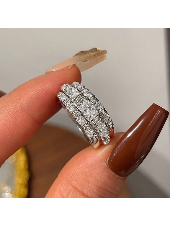 Women's Circle Eternity Ring 14K White Gold-Plated with White Cubic Zirconia, Valentine's Day Gift, Size 6, 3-Piece Set, Gift Boxed