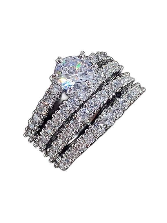 Women's Circle Multi Stone Ring 14K White Gold-Plated with White Cubic Zirconia, Valentine's Day Gift, Size 11, 4-Piece Set, Gift Boxed
