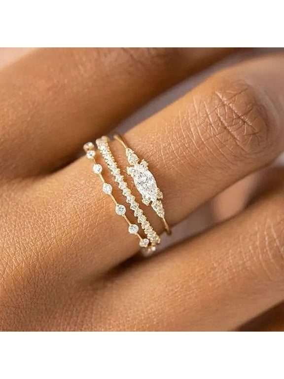 Women's Circle Promise Ring 14K Yellow Gold-Plated with White Cubic Zirconia, Valentine's Day Gift, Size 12, 3-Piece Set, Gift Boxed