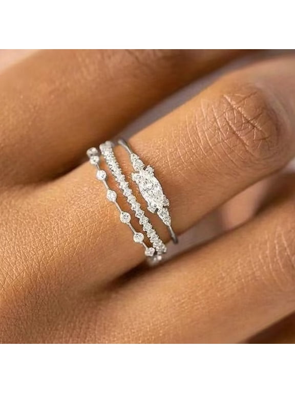 Women's Circle Promise Ring Silver-Toned with White Cubic Zirconia, Valentine's Day Gift, Size 5, 3-Piece Set, Gift Boxed