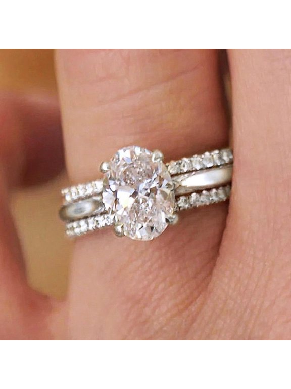 Women's Oval Promise Ring 14K White Gold-Plated with White Cubic Zirconia, Valentine's Day Gift, Size 8, 3-Piece Set, Gift Boxed
