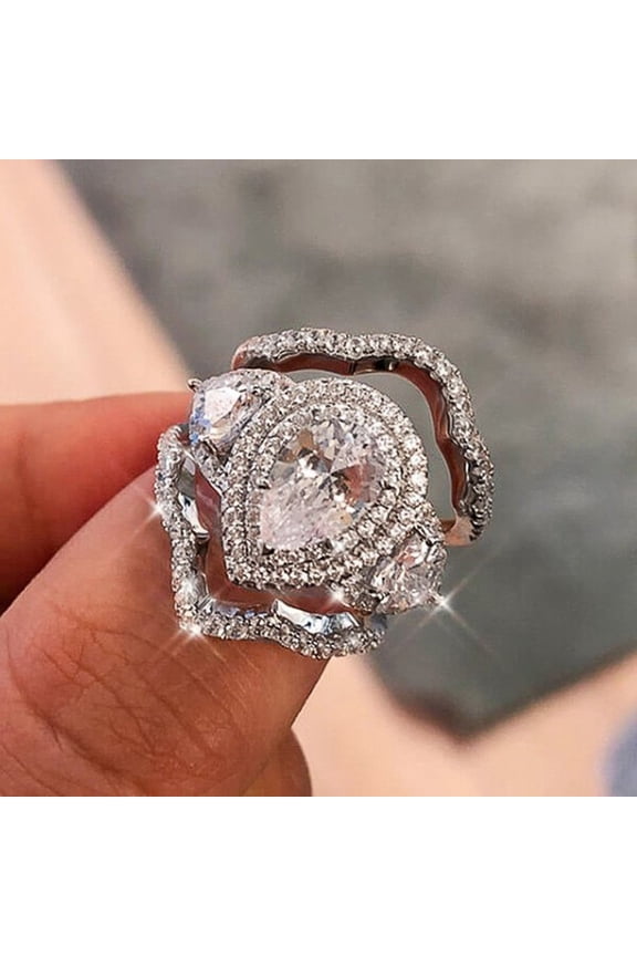 925 Sterling Silver 3 Ct Cubic Zirconia Teardrop Puzzle Ring for Women US Size 10 3 Piece Set