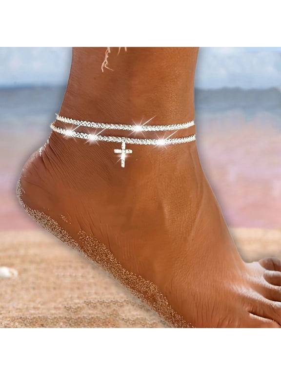 925 Sterling Silver Cross Cable Chain Anklet for Women 10 Inch