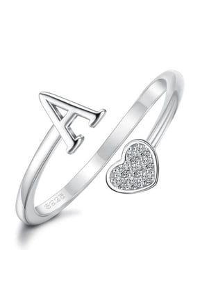 Heart Alphabet Initial Ring in 925 Sterling Silver, Adjustable Stackable Ring for Women and Teens