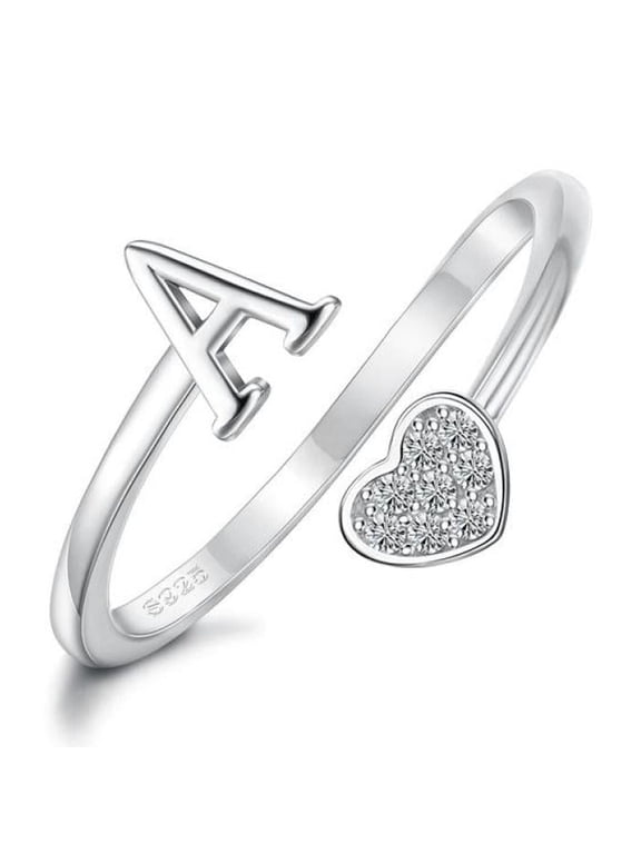 Heart Alphabet Initial Ring in 925 Sterling Silver, Adjustable Stackable Ring for Women and Teens