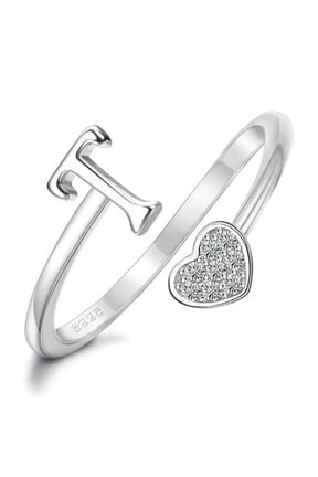 Heart Alphabet Initial Ring in 925 Sterling Silver, Adjustable Stackable Ring for Women and Teens