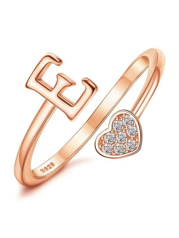 Heart Alphabet Initial Ring in 925 Sterling Silver, Adjustable Stackable Ring for Women and Teens
