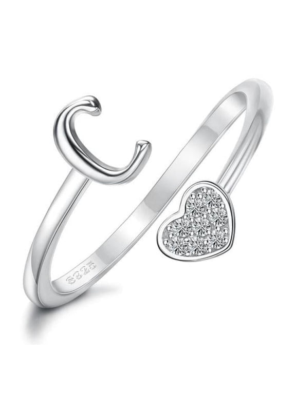 Heart Alphabet Initial Ring in 925 Sterling Silver, Adjustable Stackable Ring for Women and Teens