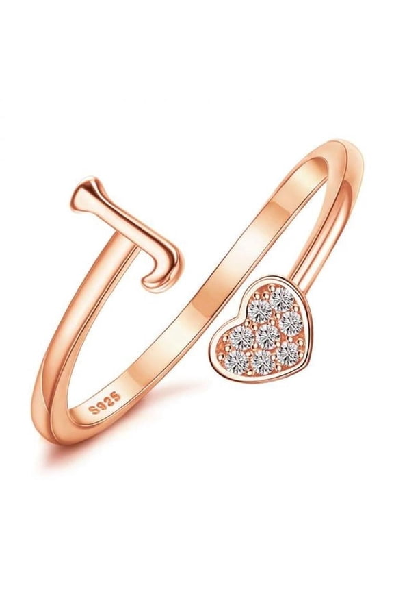 Heart Alphabet Initial Ring in 925 Sterling Silver, Adjustable Stackable Ring for Women and Teens