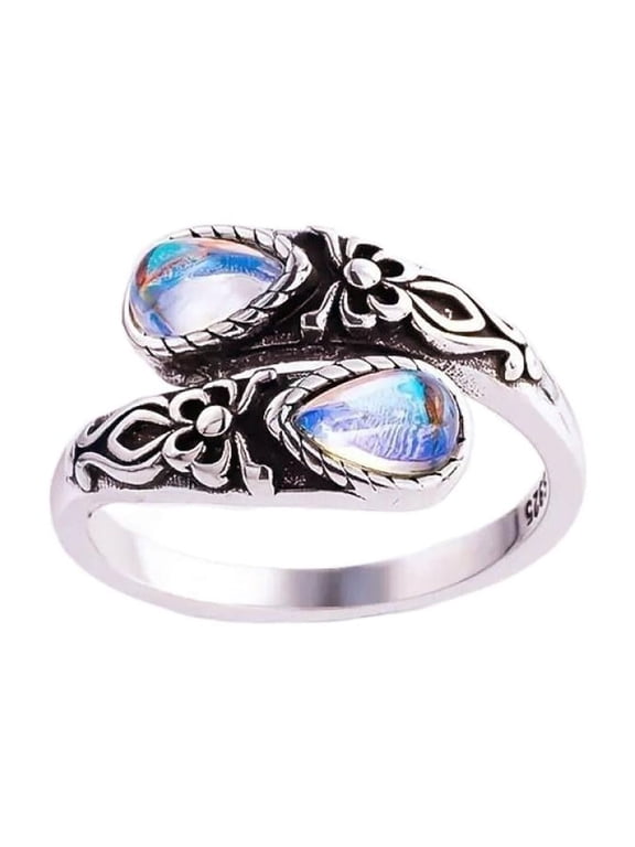 925 Sterling Silver Natural Turquoise Moonstone Rings for Women Size Adjustable Sunflower Ring Vintage Spoon Rings Gift Elegant Jewelry for Women