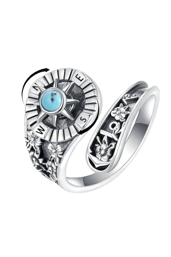 925 Sterling Silver Natural Turquoise Moonstone Rings for Women Size Resizable Compass Shap Ring Vintage Elegant Jewelry With White Gift Box for Women
