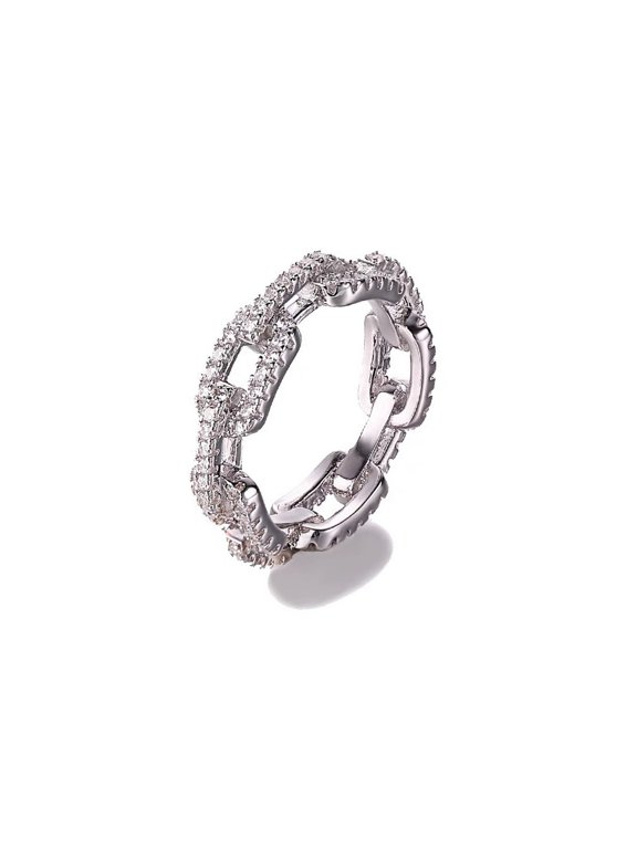 Women's Circle Chain Ring 14K White Gold-Plated with White Cubic Zirconia, Everyday Wear, Size 5, Gift Boxed