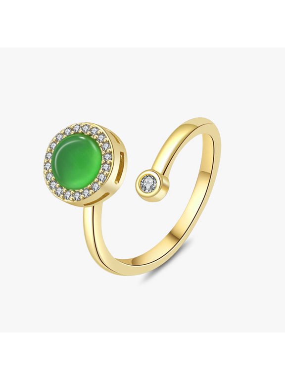 Women's Circle Spinner Ring 14K Yellow Gold-Plated with Green Cubic Zirconia, Birthday Gift, Size Adjustable, Gift Boxed